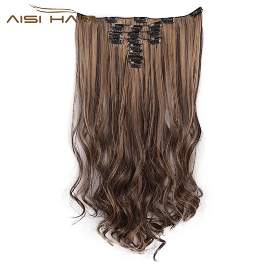 Aisi Hair High Temperature Fiber 8 Pcs Full Head Curly Synthetic 18 Clips In Hair Extensions Popular Mixed Colors Hairpieces