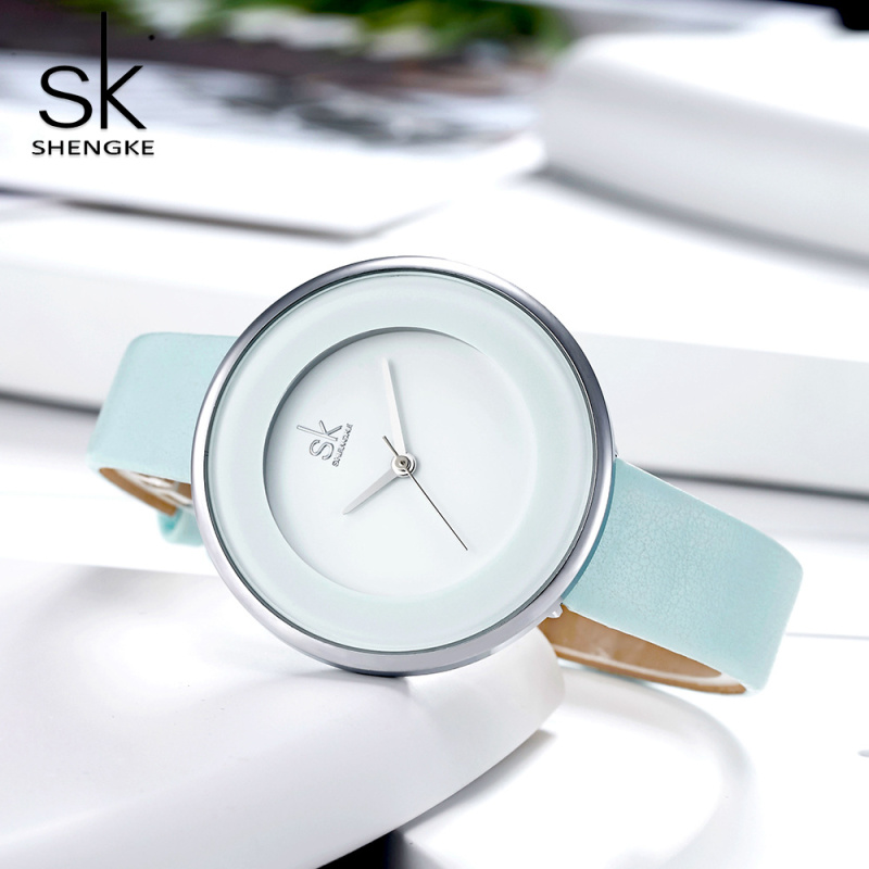 SHENGKE K0084 New Skyblue Leather Strap Women's Watch - Luxury Quartz Dial for Girls