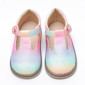 Sapatos de couro arco-íris de couro infantil para meninas T