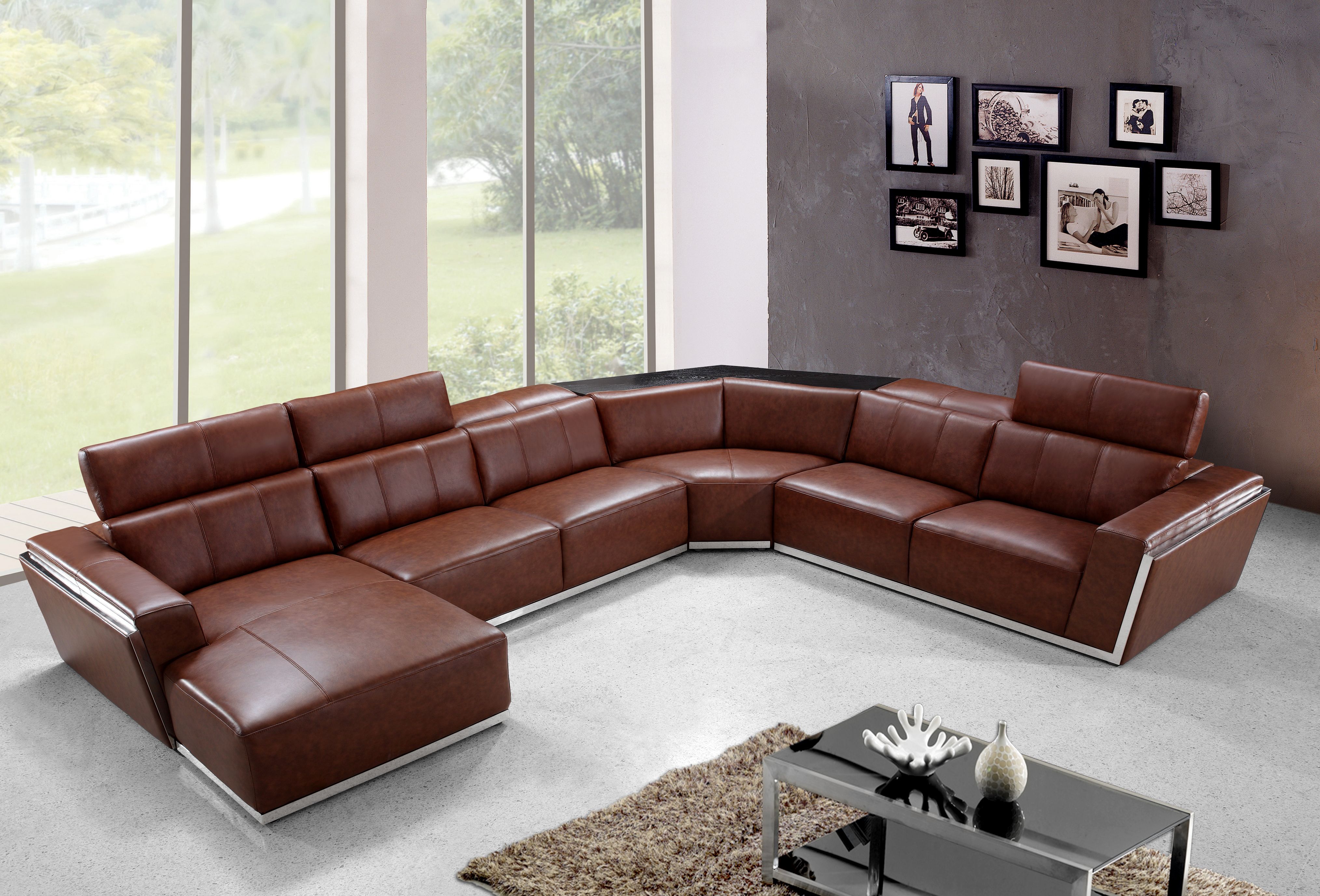 Luxe moderne lederen sectionele bank met chaise lounge