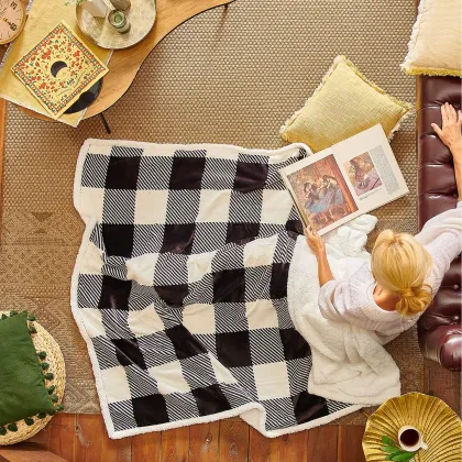 Red White Black Plaid Buffalo Manta Sherpa Fleece Throw Blanket - Ready Goods Christmas Design