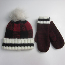 Moda xadrez luvas de chapéu de inverno malha set