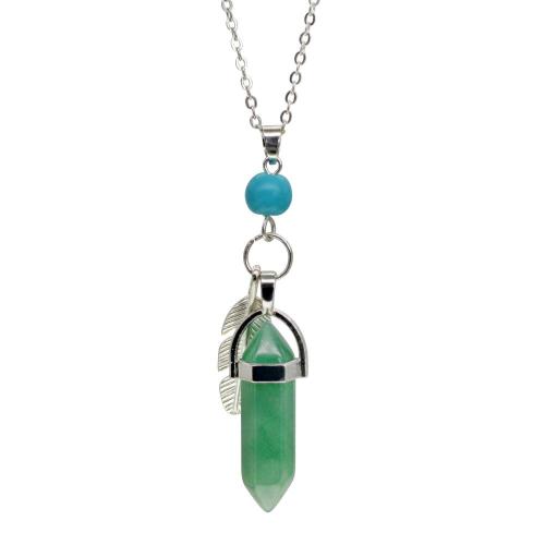 Green Aventurine Feather Hexagonal Prism Pendant Necklace