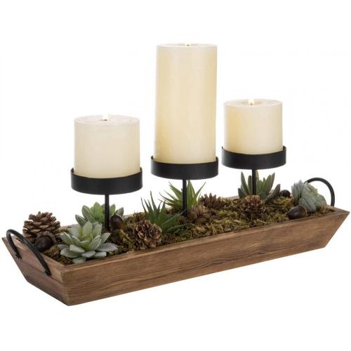 Table Decoration Candle Holder with Rustic Wood Tray and Handles Manufactory