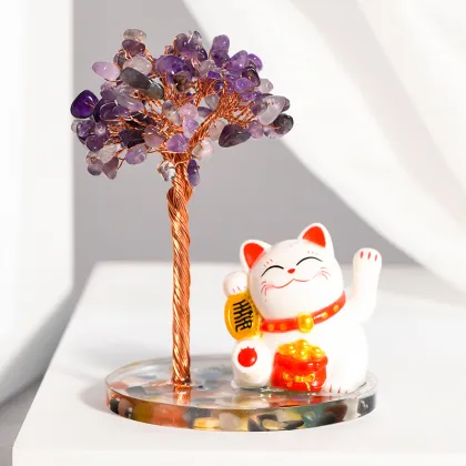 Raw Citrine Raw Stone with Colorful Resin Base Lucky Cat Ornament