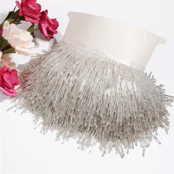 Handmade Beaded Lace Trim with Crystal Triangle Fringe and Tassels - 8.5 CM