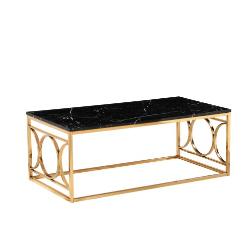 Mesa de centro con diseño de mármol negro y marco dorado