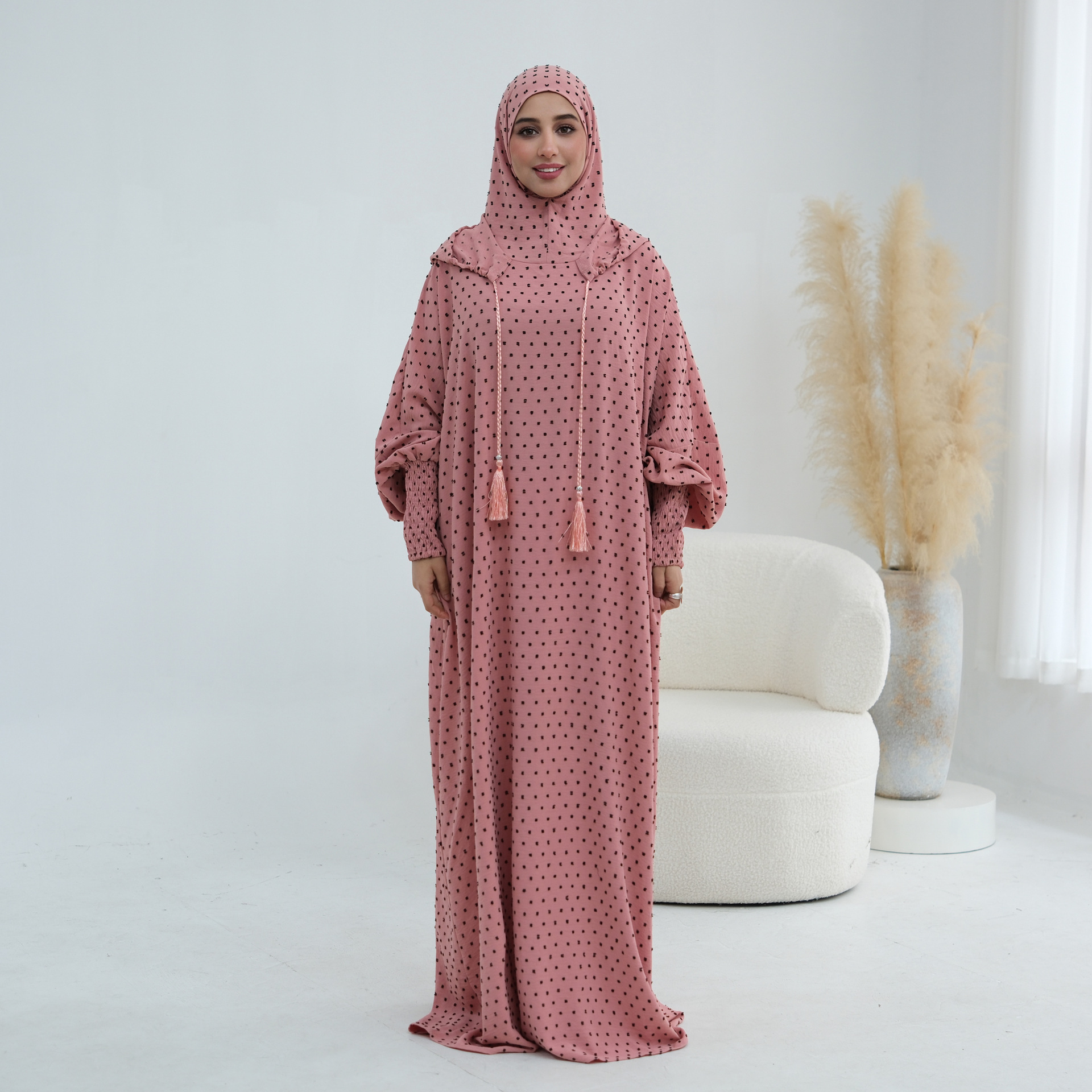 Crepe Jacquard Abaya Gathered Cuff Detail