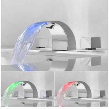 Deck Mounted Double Handle Colorful Led Bathroom Basin Faucet Waterfall Wash Basin Mixer Faucet