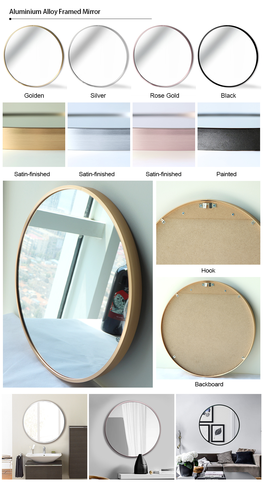 Bathroom round wall modern gold decorative frame art mirror