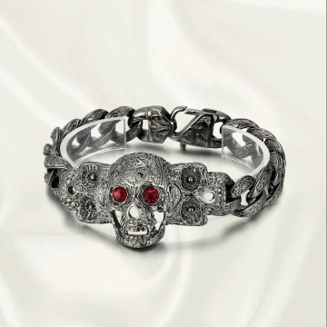 DADA 316L Stainless Steel Old Skull Bracelet with Vintage Ruby Set
