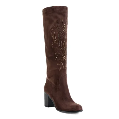 camel print floral mid-heel calf long boots