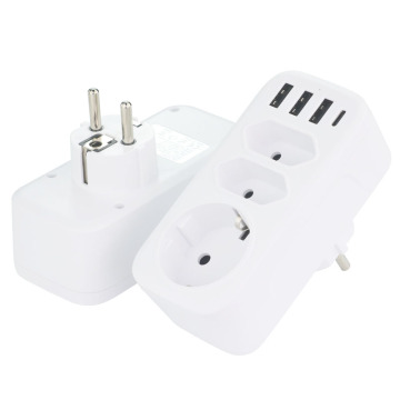 EU Extension Socket with 3 Way Outlet, 3 USB A Ports, 1 Type C Port, and Germany Adapter Plug Travel Power Strip