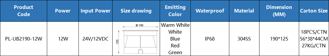 IP68 304SS 12Watt 190*125mm Underwater Buried light 