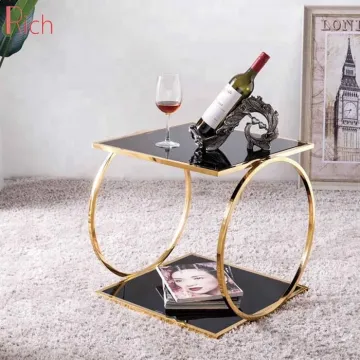 Modern Black Tempered Glass Side Table with Gold Legs