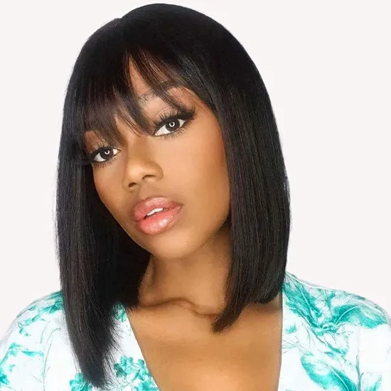 Short Bob Wigs With Bangs For Black Women 100% Brazilian Virgin Hair Glueless Machine Made Wig Natural Color Short Bob Wigs