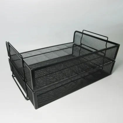 Black Wire Mesh Desk Organizer - 2 Tier Metal File Tray