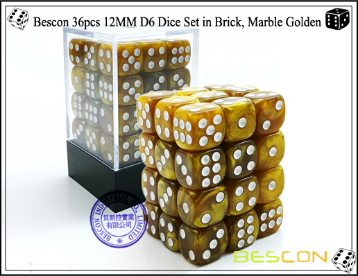 Bescon 36pcs 12MM D6 Dice Set in Brick, Marble Golden-1