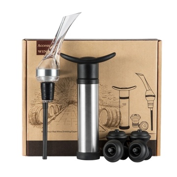 Fabricante Juego de regalos de accesorios de vino premium con aireador, vertido, bomba y tapones en la caja de color