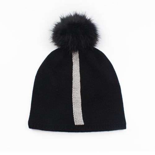 Custom Knitted Reflective Striped Faux Fur Pom Beanie