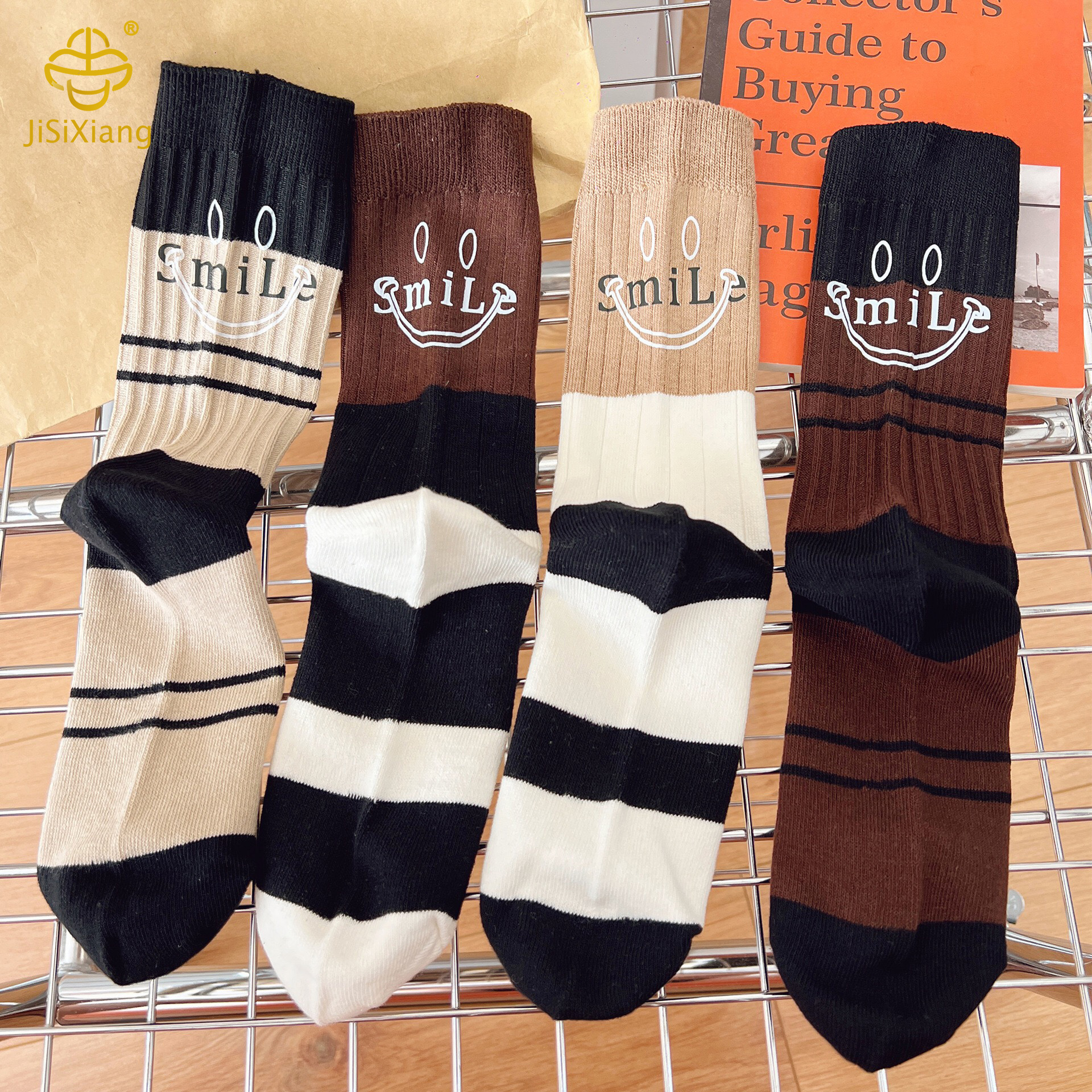 hot stamping smiley face contrasting mid tube socks