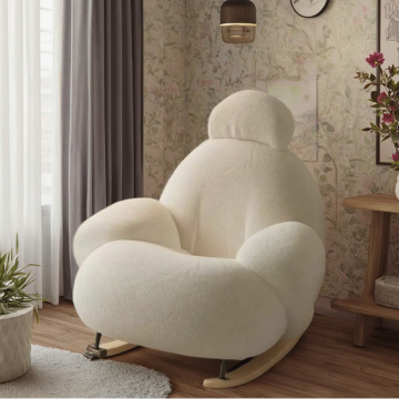 Modern White Rocking Lazy Chair & Cute Cream Sofa Set for Bedroom and Living Room
