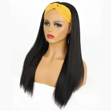 24 Inches Wholesale High Quality Heat Resistant Long Black Headband Wig Afro Wig Average Size Silky Straight Synthetic Wigs