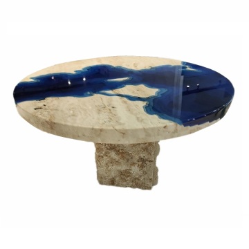 Handgefertigter Luxus natürlicher Beige Travertine Stone Couchtisch mit ozeanblauem Harz