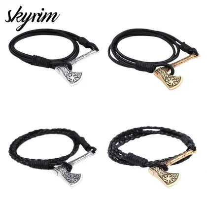 Skyrim Viking Axe Thor Hammer Charm Bracelet Slavic Wicca Sigil Talisman Pendant Symbol Jewelry Leather Bracelets Bangle Gift