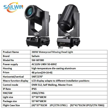 Sailwin Disco Professional IP65 380W Sharpy Moving Head Beam Light