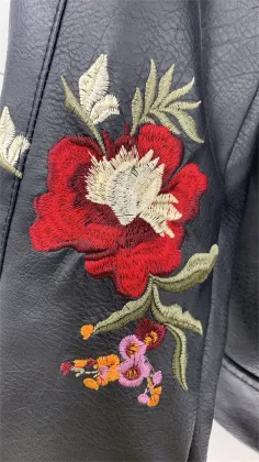 Women's Black Pu Embroidery Jacket