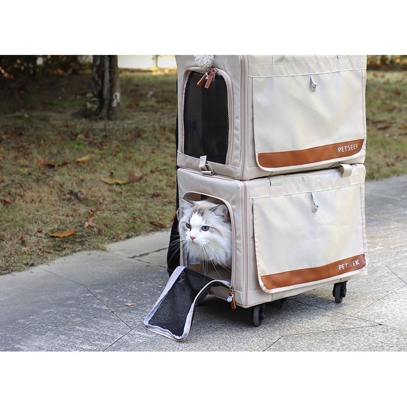 Double Layer Pet Rolling Carrier Bag with Telescopic Handle for Cats and Dogs