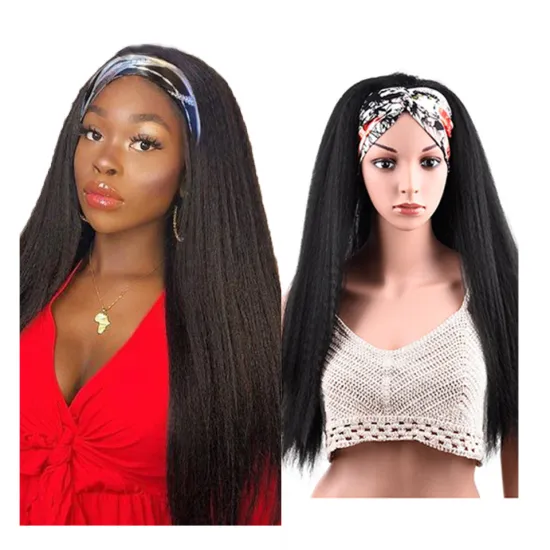 New 24 Inch Long Chic Style Kinky Straight Hair Headband Wig With Pre-attached Scarf Synthetic Yaki Straight Headband Wigs