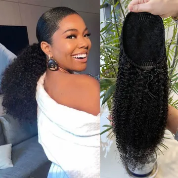 Factory Price Malaysian Afro kinky Ponytail Hair Extension for Black Women,Silk YakiStraight Ponytail Hair Extensions Human Hair