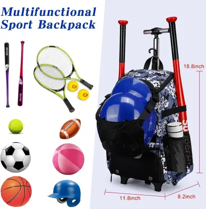 Factory Direct Wheeled Baseball Equipment Backpack with Shoe Compartment and Fence Hook