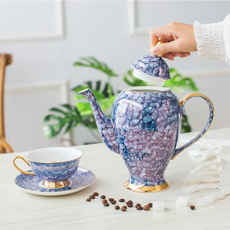 European Bone China Tea Set with Gemstone Blue and Pink Ceramic 15-Piece Coffee Cup Set