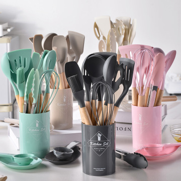 Hot Pink Kitchen Utensil Set: 14 Piece Silicone Cookware with Wooden Handles