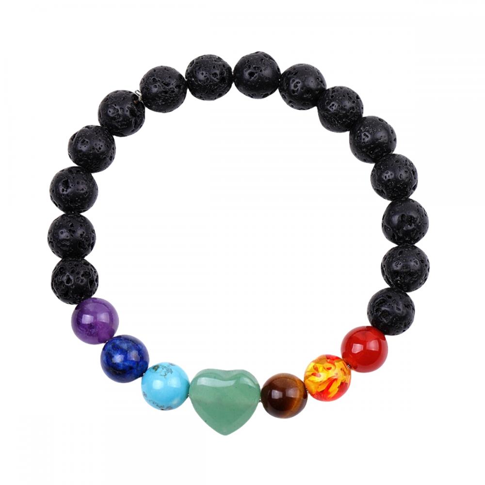 Gemstone 7 Chakra Guérison Reiki Stretch Bracelet Black Lava Pierre avec des bracelets élastiques de charme de coeur cristallin pour hommes femmes