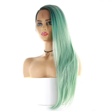 x-tress ombre green long straight synthetic hair lace front wig middle part 150% density wigs with lace front wigs