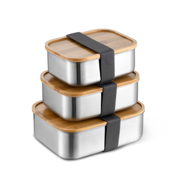 Japanese Bamboo Cover 304 Stainless Steel Food Grade Bento Box for Lunch