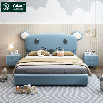 Luxury Cute Modern Cartoon Bed with Solid Wood Frame and Leather