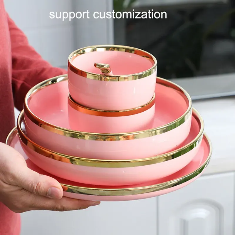 Pink Ceramic Dinner Plate Bowl Set