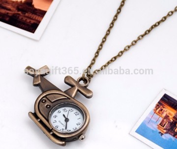 Vintage Cartoon Helicopter Open Faced Pocket Watch Pendant Necklace