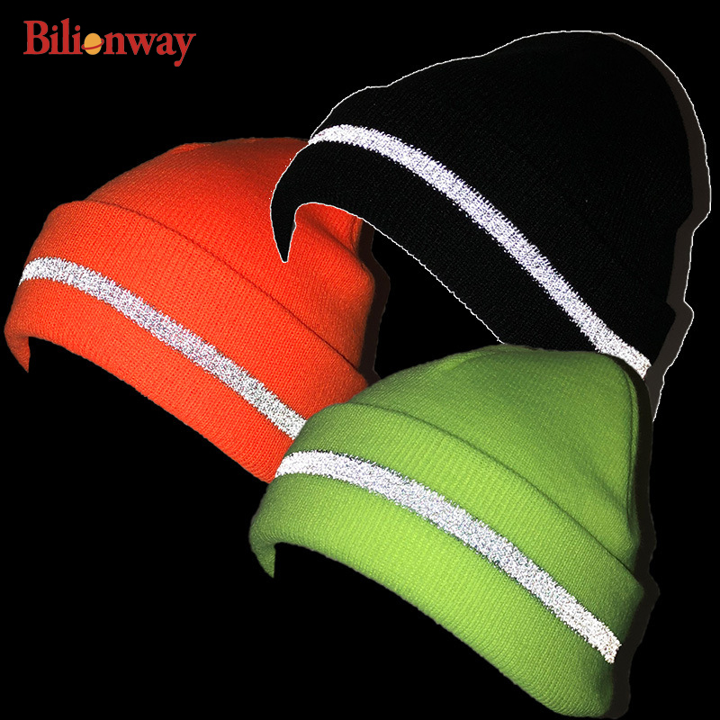 Fluorescent reflective strip knitted cap Double layer warm