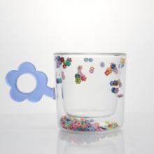 Double Wall Colored Flower Glass Mug With Handle