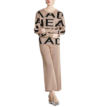 Autumn Winter Thick Warm 2 Piece Suit: Women's Knitted Letter Pullover Sweater Outfit