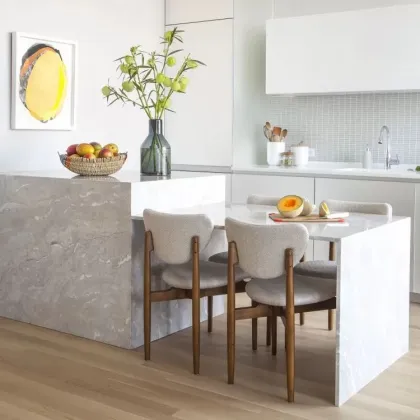 Modern Stone Kitchen with Marble Island and Custom Cabinets