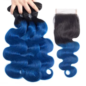 Body Wave 1B / Blue Malaysian Human Hair Weave Bundles With Closure Remy Hair Ombre Hair Bundles With Closure