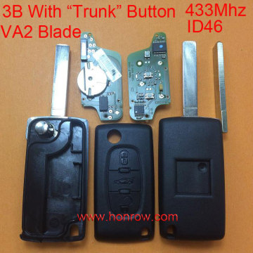 Hot sale products-- Original Citroen FSK 3 button flip remote key with VA2 307 blade (With trunk button) 433Mhz ID46 Chip (Befo