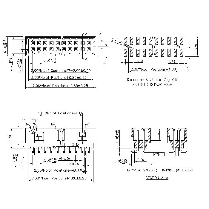 2.0x2.0mm Διπλές καλύμμενες κεφαλίδες SMT Staight Τύπος H = 6.40